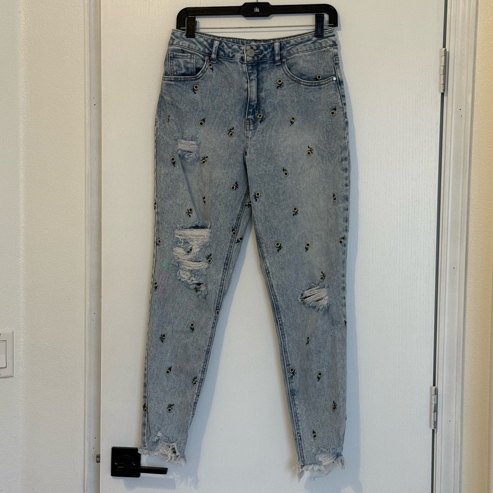 love, Fire sunflower Embroidered Skinny Jeans